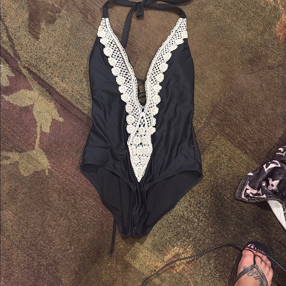 Black One-Piece Swimsuit with Lace Detail